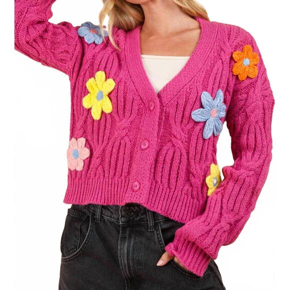 NEW VERY J statement flower cardigan in pink - Picture 2 of 6